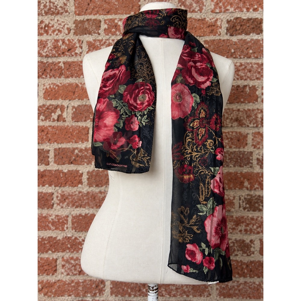 Vintage 100% Silk Scarf Floral Sheer Whimsigoth Romantic Goth Romance Victorian